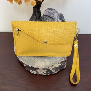 Handmade Yellow, Woven Grid Pattern, Leather Clutch, Detach Strap, Gold Hardware